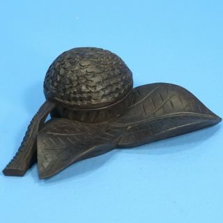 6 " Antique Swiss Black Forest Wood Carved Thimble Holder Walnut & Leaf C1900