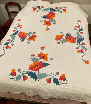 Vintage Quilt Hand Sewn Appliqued Poppies 74 X 88 Inches