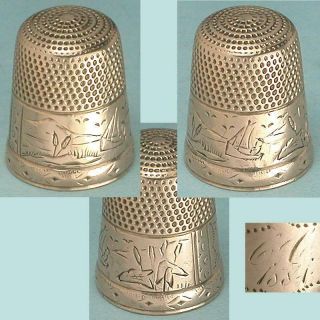 Antique 14 Kt Gold Thimble By Simons Bros Water Scene W/ Sailboat Dated 1881