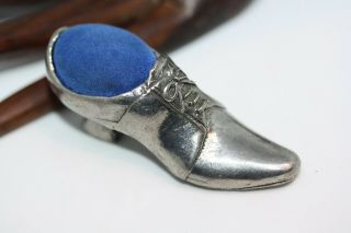 Antique Victorian Era Pewter Ladies Shoe High Heel Needle Pin Cushion 2 " Long