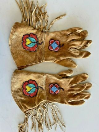 Vintage Beaded Gauntlet Gloves,  Leather Hide,  Lining