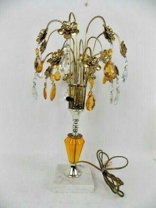Table Lamp Brass Flowers Amber & Clear Crystal Waterfall Marble Base Vintage Euc