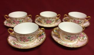 Set Of 5 Vintage Hermann Ohme/cl Bouillon Cups & Saucers Hand Painted - Germany