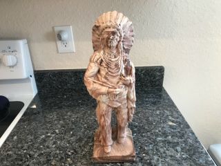 Vintage Chalk Native American Indian Chief Headdress Cigar Display Statue 16” C3