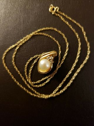Vintage 14k Yellow Gold,  Pearl & Diamond Pendant Necklace W/ 18 " Gold Chain