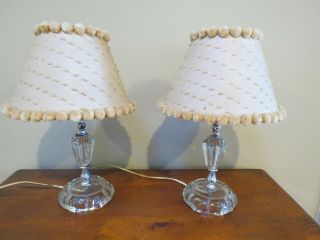 Vintage Pair Art Deco Glass Boudoir Lamps With Gold Chenille Pompom Lamp Shades