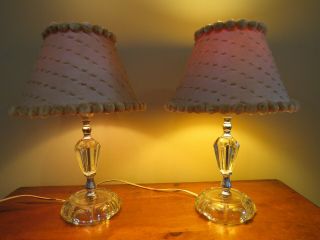 Vintage Pair Art Deco Glass Boudoir Lamps with Gold Chenille Pompom Lamp Shades 2