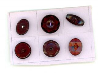 A Group Of Six Small Assorted Antique Ruby Red Sew - Through And Whistle Buttons