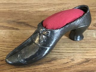 Antique Pewter Metal Ladies Victorian Shoe Pin Cushion Red Cushion