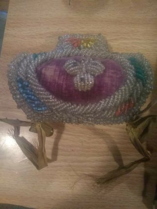 Antique Native American Iroquois Style Indian Beaded Heart Pin Cushion