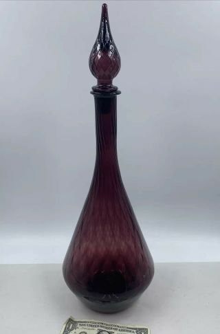 Vintage Amethyst Glass Genie Bottle Decanter 20 " Mcm Optic Pattern,  Wide Base