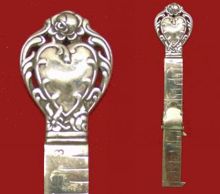 Antique Victorian Sterling Silver Repousse Heart & Roses Sewing Hem Ruler Gauge