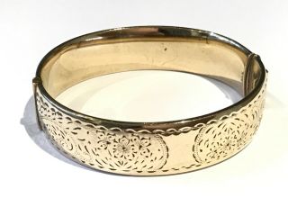 Vintage 1/5 9 Ct Gold Metal Core Engraved Bangle Bracelet.  Width 5/8 ".