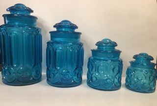 Vintage L E Smith Moon And Stars Blue Canisters Set - Apothecary Jars - 4 Piece