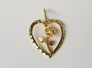 Vintage 14k Yellow Gold Diamond Cut Open Heart & Rose Charm Pendant