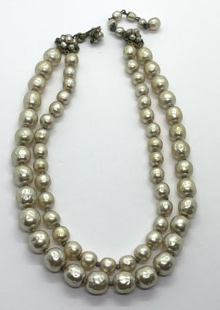 Vintage Signed Miriam Haskell Baroque Faux Pearl Double Strand Necklace
