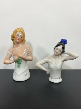 2 Antique Vtg German Half Doll Pincushion Art Deco Victorian Lady Figures 3 - 3.  5”