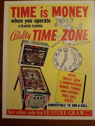 Bally Time Zone Pinball Machine Flyer Brochure 1973 Thick Glossy