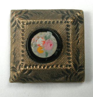 Antique Square Brass Button W Hand Painted Flowers Medallion Center - 3/4 "