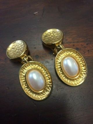 Vintage Givenchy Gold Tone / Faux Pearl Clip On Earrings