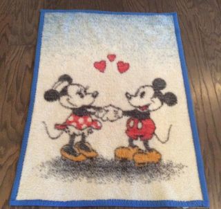 Vintage Biederlack Of America Mickey Mouse Minnie Mouse Blanket Throw Blue Trim