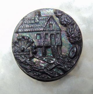 Vintage Iridescent Lustered Small Black Glass Water Mill Button 4522