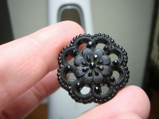 Antique Black Glass Lacy Flower Openwork Design Button