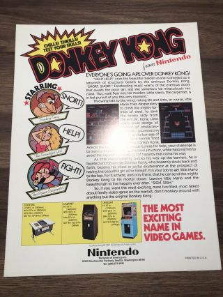Vintage Donkey Kong Nintendo Arcade Game Flyer Nos Rare 2