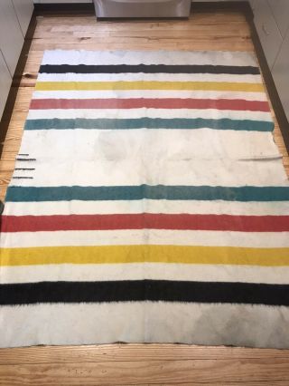 Flawed Vintage Hudson Bay 4 Point Blanket Wool Stripe 78 X 61” England