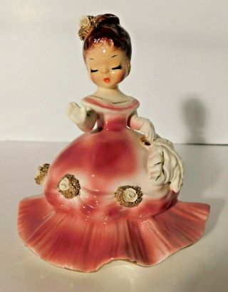 Vtg.  Josef Originals Mini Girl In Pink Gown With Roses & Large Feather Fan 20656