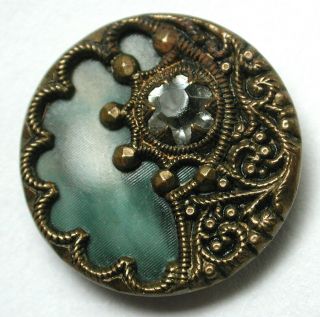 Antique Victorian Celluloid Button W/ Pretty Paste In Brass Design - 9/16