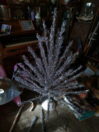 Vintage Silver Aluminum Christmas Tree 4 1/2 Foot With Rotating Stand