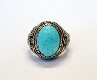 Chinese Art Deco Turquoise Ring Enamel & Silver Adjustable Size Vtg Chinese Expt