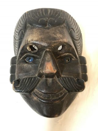 Vintage Moustache Hand Carced Wood Mexican Dance Mask With Glass Eyes