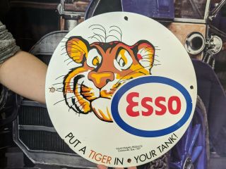 Old Vintage Dated 1957 Esso Gasoline Motor Oil Porcelain Gas Station Sign Tiger