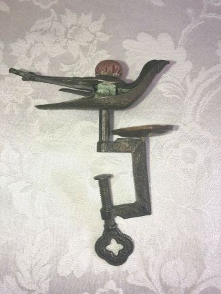 Antique Victorian Sewing Bird Clamp With Pincushions,  One Missing Fabric,  1856