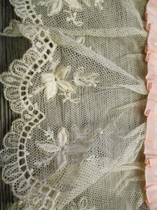 Antique Victorian French Mesh Tambour Lace & Silk Pink Pillow Cover