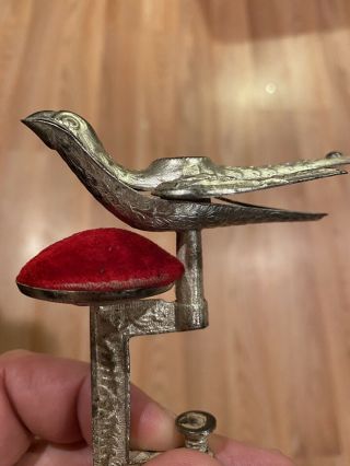 Antique Victorian Sewing Bird C Clamp Double Pin Cushion Vintage