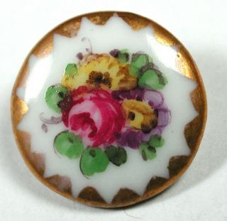 Antique Porcelain Button Hand Painted Flowers W/ Gold Accents - 5/8 "