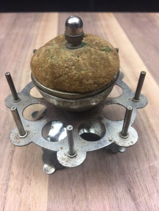 Victorian Pin Cushion Metal With Thread Holders