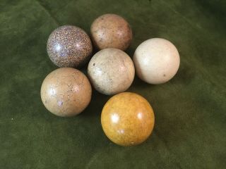 Group (6) Vintage Billiard Balls 5 Clay? One Is Speckled One Is Wooden