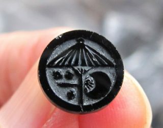 Unusual Antique Black Glass Button Raised Image Of Umbrella,  Moon & Stars 7/16 "
