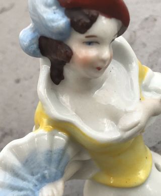 Antique Pin Cushion Doll Porcelain Blue Fan Yellow Dress Unmarked 2 - 5/8’’ Tall