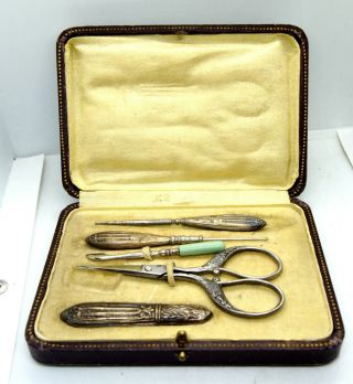 Antique Silver And Gold Plated 5 Piece Nail Set Case Scissors