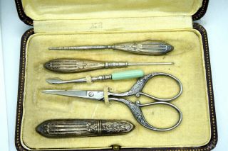 ANTIQUE SILVER and Gold Plated 5 PIECE NAIL SET CASE SCISSORS 2