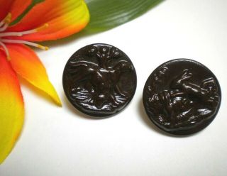 2 Antique French Rabbits Frolicking And Hunting Dogs Metal Picture Buttons