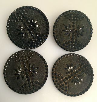Matching Set 4 Antique Victorian Black Glass Lacy Mourning Buttons 1 1/4 Inches