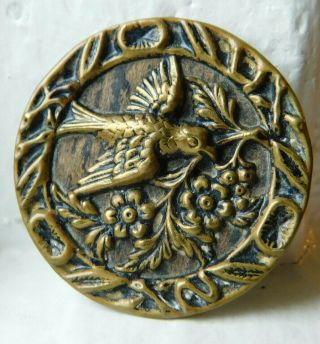 38mm Antique Collectible Brass Picture Button Bird Of Peace W/flower Branch 3b