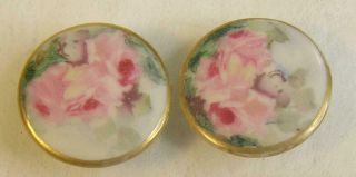 Antique Pair - Hand Painted Porcelain Buttons - Pink Roses & Gold Leaf Trim - Vn - 1a