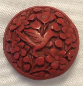 Vintage Antique Carved Cinnabar Button W/bird & Flowers - 1 "